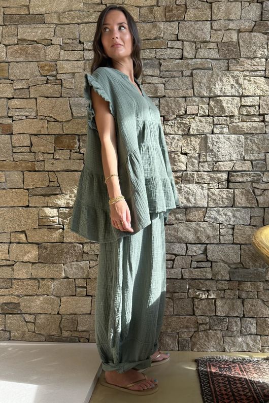 Tasha Cushion Cotton Cap Sleeve Tier Top Khaki